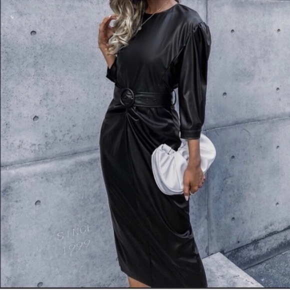 Zara Bloggers Favorite Black Faux Leather Draped Midi Dress Size L - Picture 2 of 16